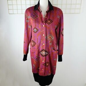 Hanae Mori Boutique Graphic Print 1980s Vintage Long Sleeve Blouson Knit Dress